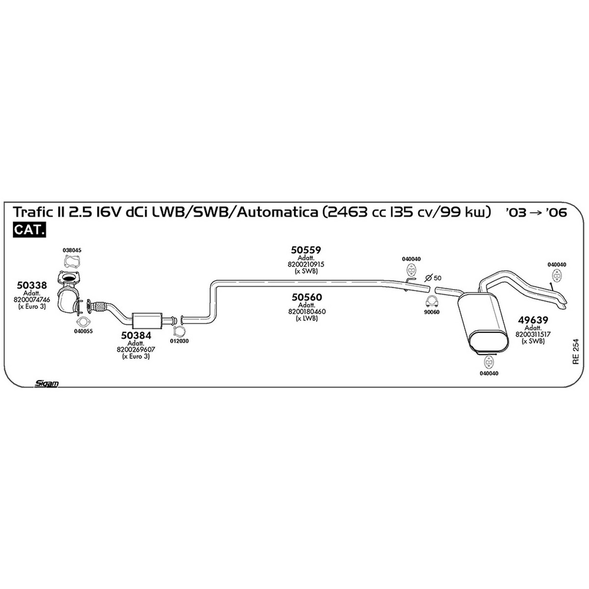 re254 Marmitta anteriore Renault Trafic II 2.5 DCi 2464 cc 140 cv / 103 kw Cat 2001 / 2006 (50384) - immagine 1