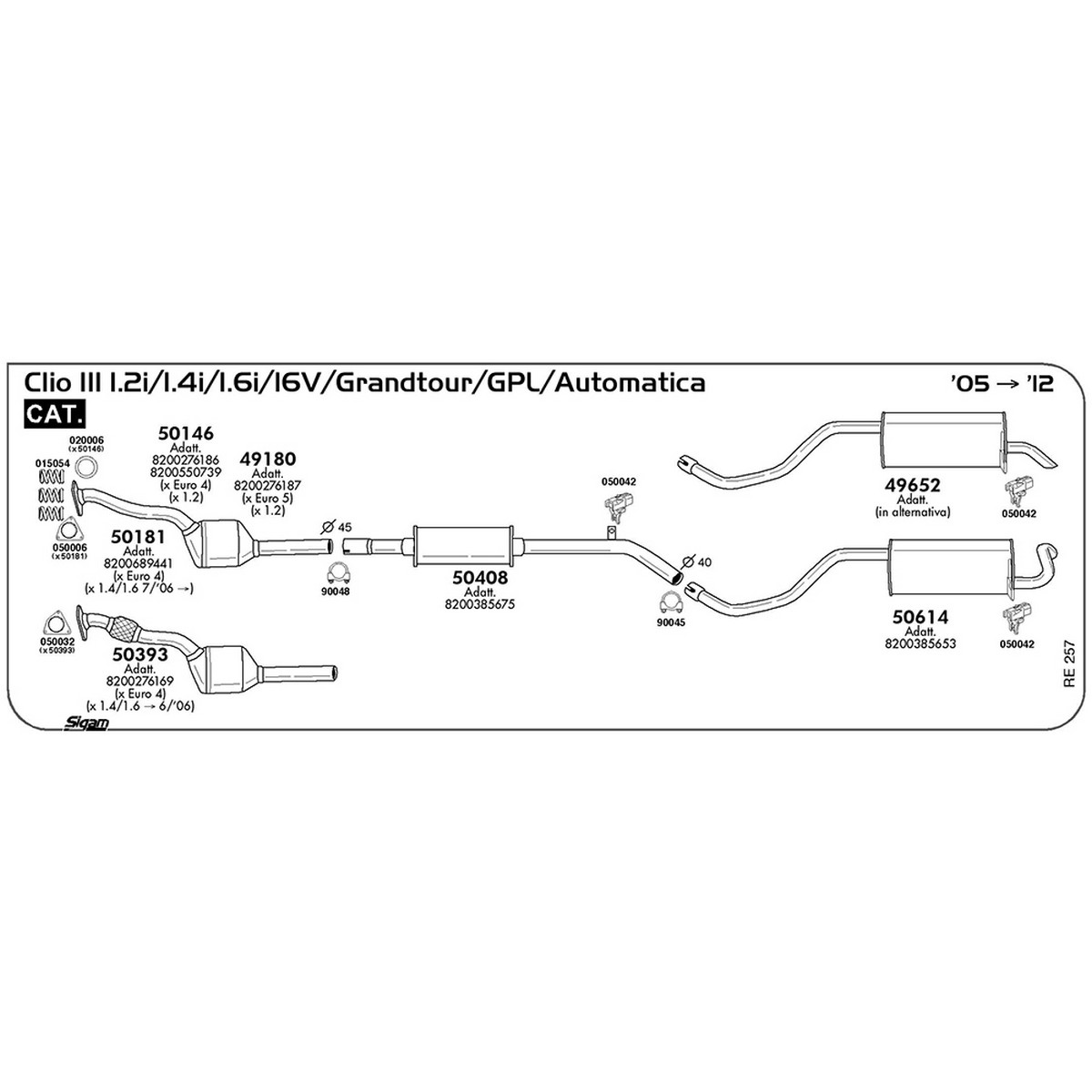 re257 Marmitta centrale Renault Clio III 1.2i 16V / Grandtour / GPL / Automatica 1149 cc 65 / 75 / 78 cv Cat 2005 -> 2010 (50408) - immagine 1