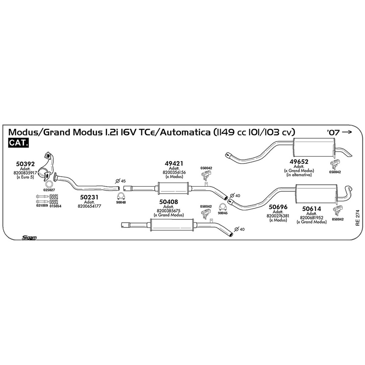 re274 Marmitta centrale Renault Grand Modus 1.2i 16V TCe / Automatica 1149 cc 101 / 103 cv Cat 2008 -> (50408) - immagine 1
