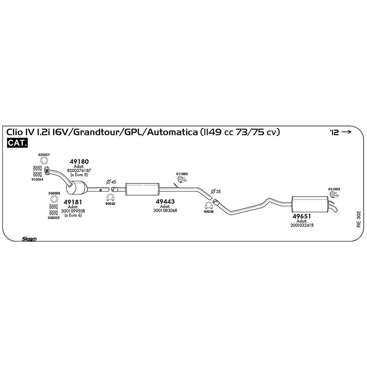 re302 Marmitta centrale Renault Clio IV 1.2i 16V / Grandtour / GPL / Automatica 1149 cc 73 / 75 cv Cat 2012 -> (49443) - immagine 1