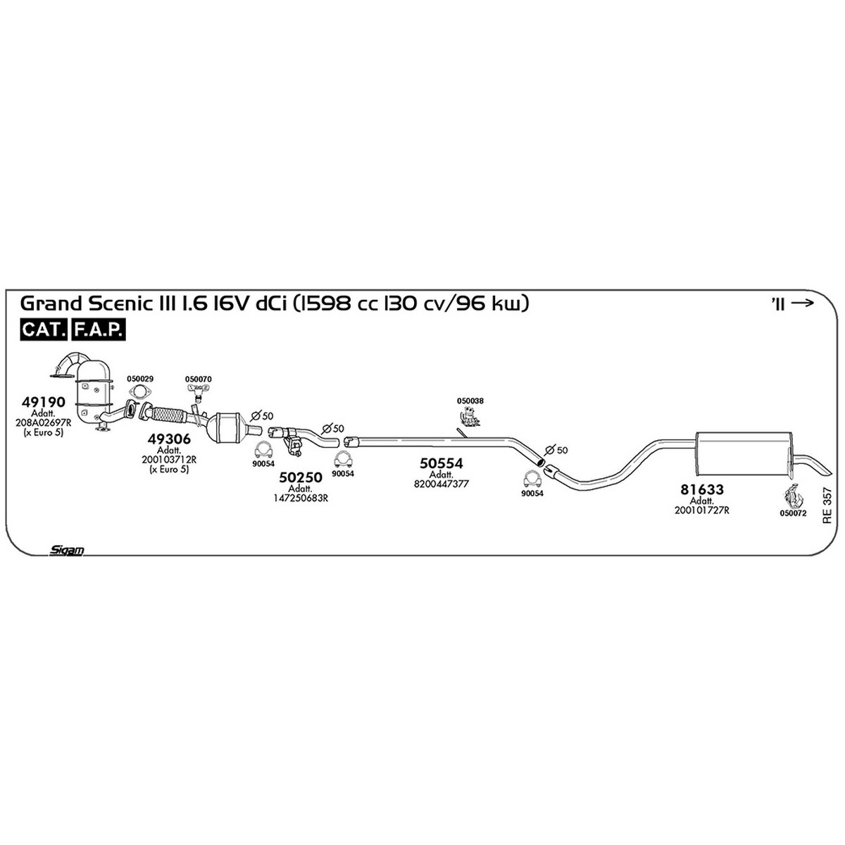 re357 Tubo intermedio Renault Grand Scenic III 1.6 16V dCi 1598 cc 130 cv 96 kw Cat FAP 2011 -> (50554) - immagine 1