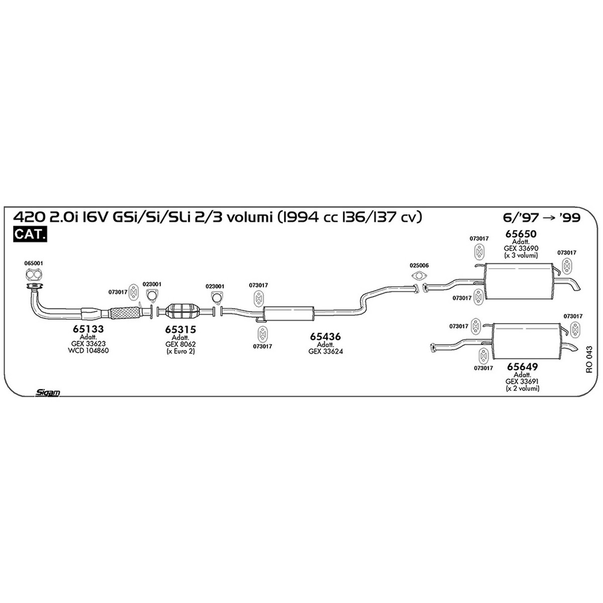 ro043 Tubo al collettore Rover 420 2.0i 16V GSi / Si / SLi 2 / 3 Volumi 1994 cc 136 / 137 cv Cat 06/97 -> 1999 (65133) - immagine 1