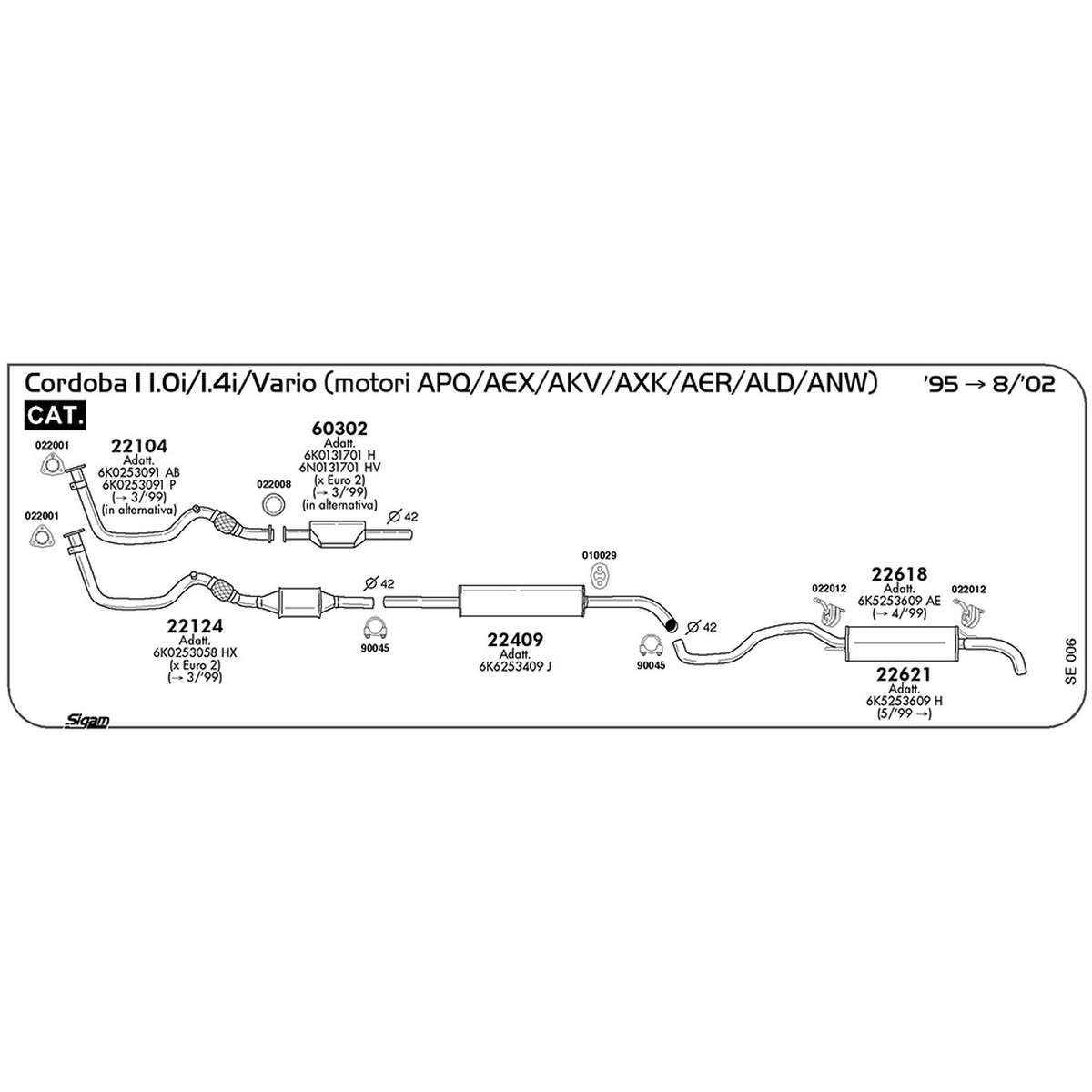se006 Tubo al collettore Seat Cordoba I 1.4i / Vario 1391 cc 60 cv 44 kw motore AEX / AKV / ANW / APQ Cat 1995 -> 08/02 (22104) - immagine 1