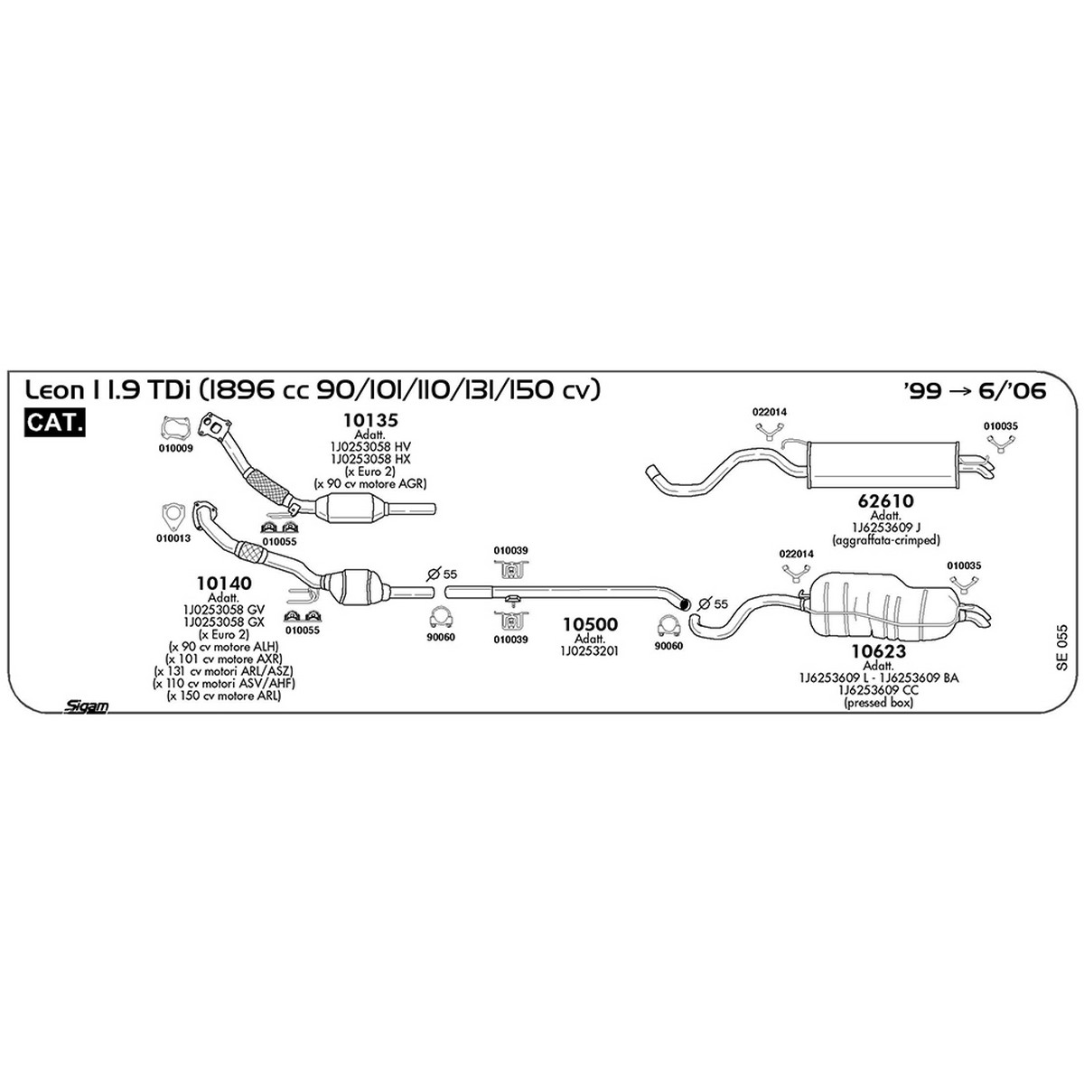 se055 Tubo intermedio Seat Leon I 1.9 TDi 1896 cc 90 / 101 / 110 / 131 / 150 cv Cat 1999 -> 06/06 (10500) - immagine 1