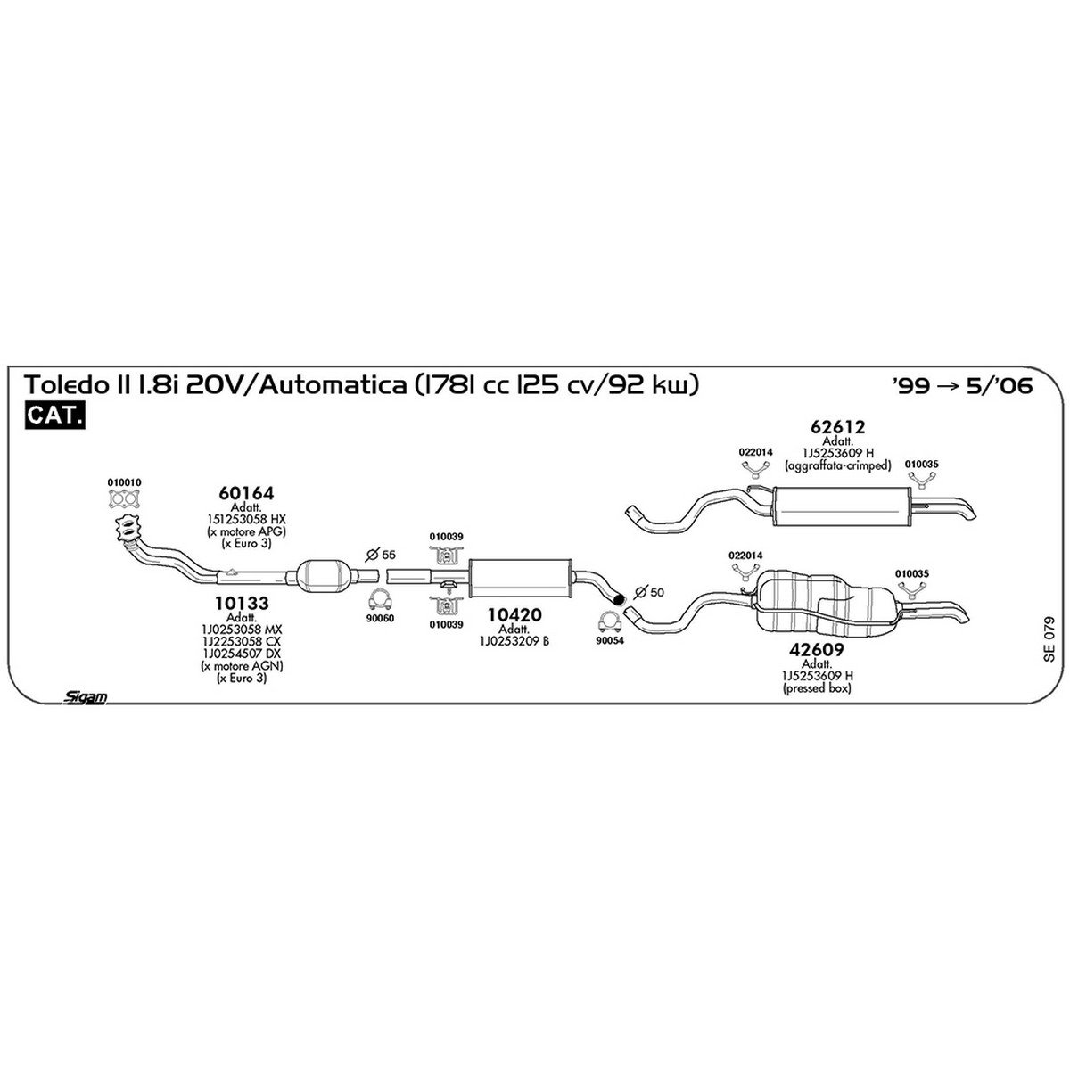 se079 Marmitta centrale Seat Toledo II 1.8i 20V / Automatica 1781 cc 125 cv 92 kw Cat 1999 -> 05/06 (10420) - immagine 1