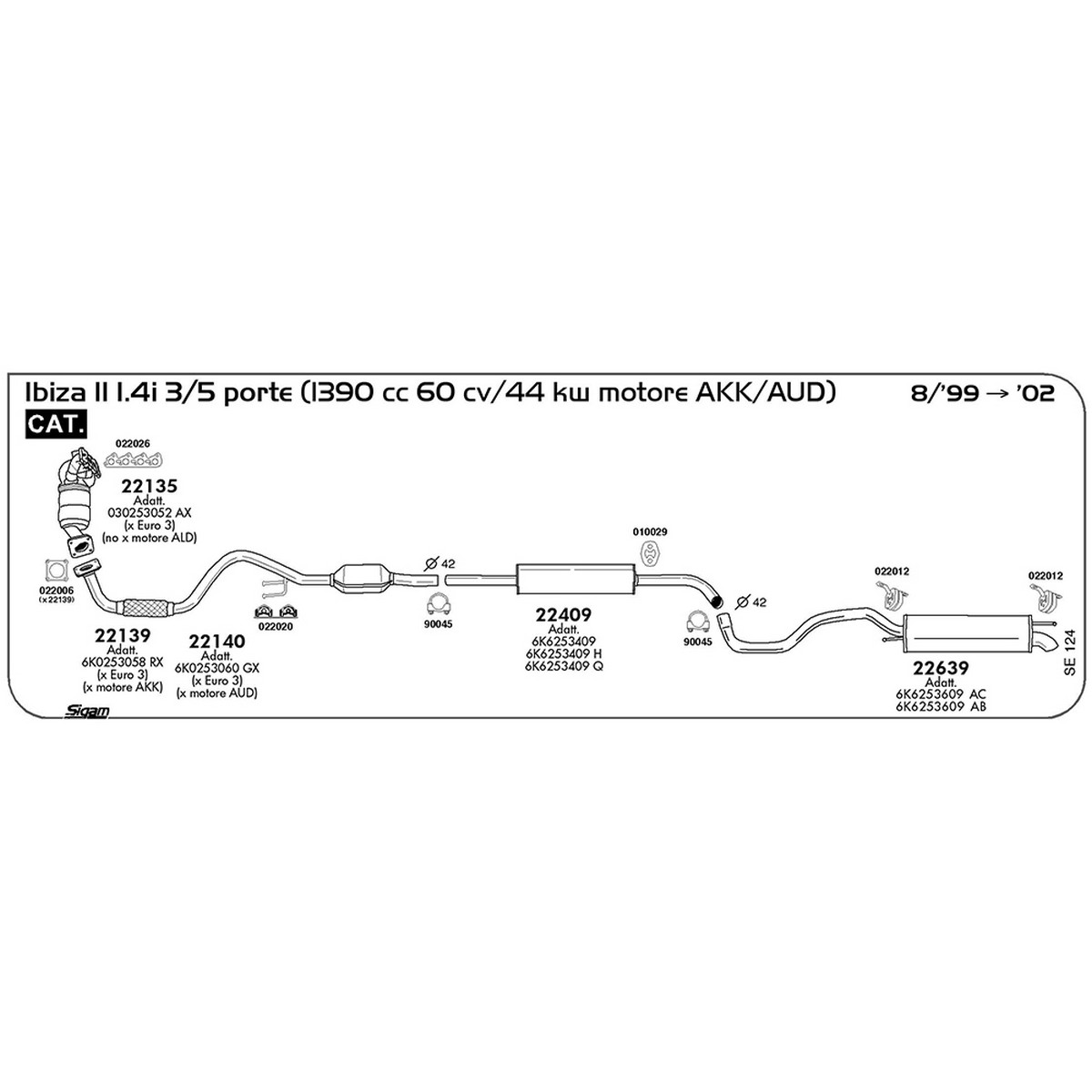 se124 Marmitta centrale Seat Ibiza II 1.4i 3 / 5 porte 1391 cc 60 cv 44 kw motore AKK / AUD Cat 08/99 -> 2002 (22409) - immagine 1