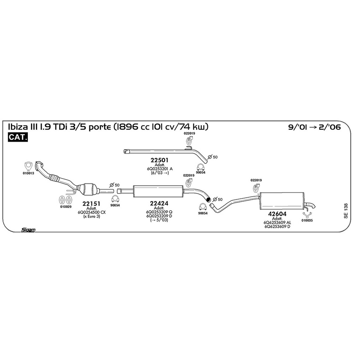 se138 Tubo intermedio Seat Ibiza III 1.9 TDi 3 / 5 porte 1896 cc 101 cv 74 kw Cat 09/01 -> 02/06 (22501) - immagine 1