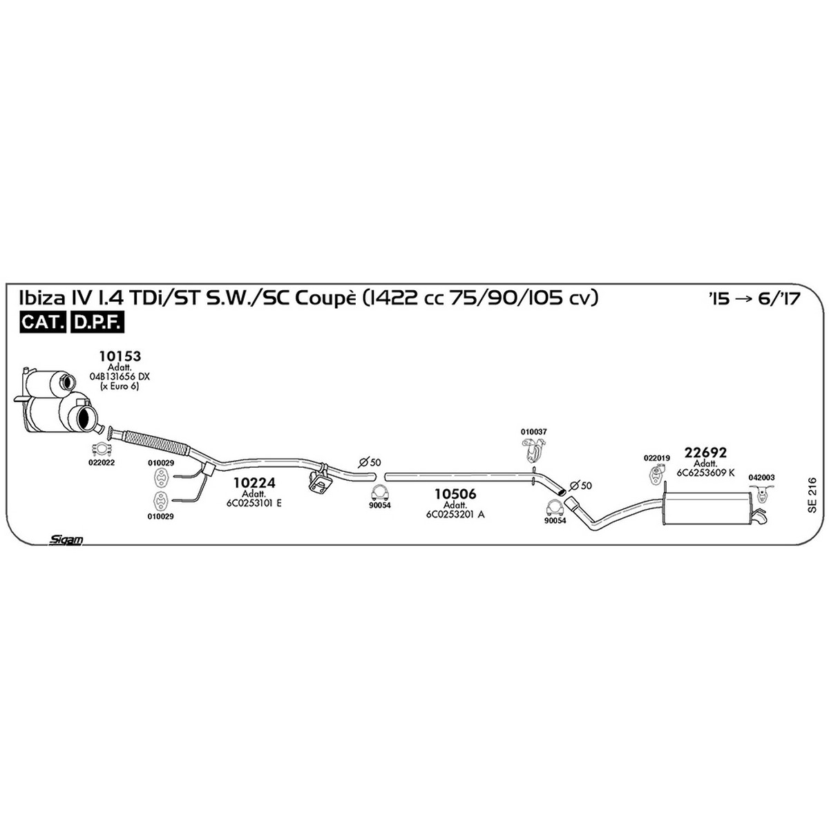 se216 Tubo intermedio Seat Ibiza IV 1.4 TDi 3 / 5 porte / ST S.W. / SC Coupè 1422 cc 75 / 90 / 105 cv Cat 2015 -> 06/17 (10506) - immagine 1