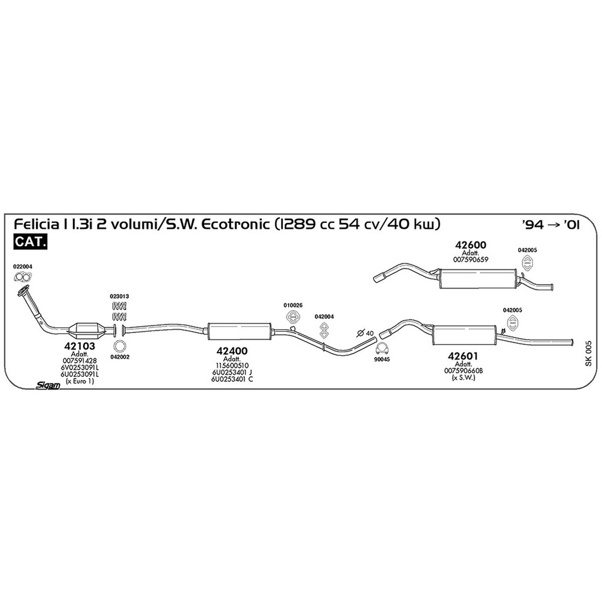 sk005 Marmitta centrale Skoda Felicia I 1.3i 2 volumi / S.W. 1289 cc 54 cv 40 kw Cat 1994 -> 2001 (42400) - immagine 1