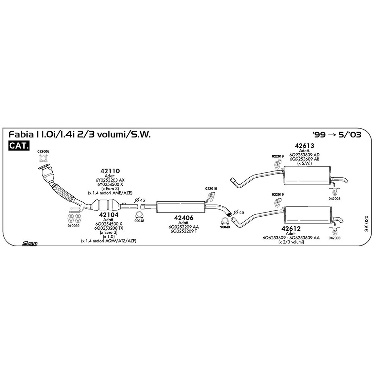 sk020 Marmitta centrale Skoda Fabia I 1.4i 2 / 3 volumi / S.W. 1397 cc 60 / 70 cv Cat 1999 -> 05/03 (42406) - immagine 1
