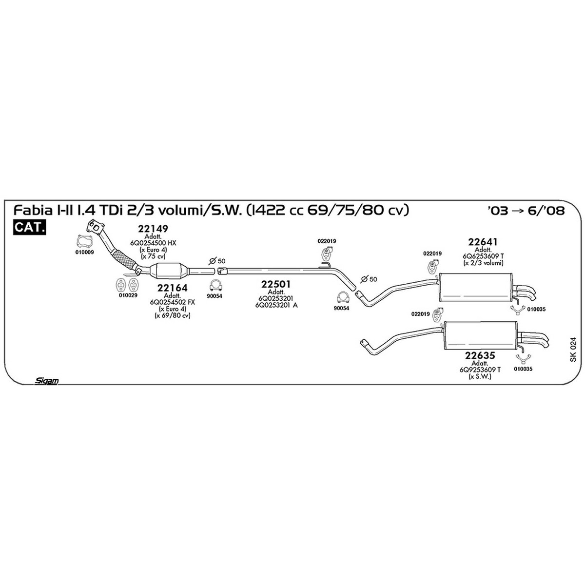 sk024 Tubo intermedio Skoda Fabia I-II 1.4 TDi 2 / 3 volumi / S.W. 1422 cc 69 / 75 / 80 cv Cat 2003 -> 06/08 (22501) - immagine 1
