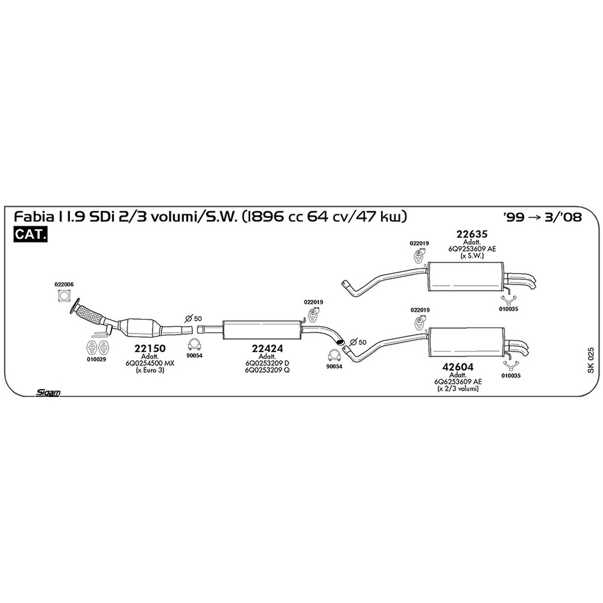 sk025 Marmitta posteriore Skoda Fabia I 1.9 SDi 2 / 3 volumi / S.W. 1896 cc 64 cv 47 kw Cat 1999 -> 03/08 (22635) - immagine 1
