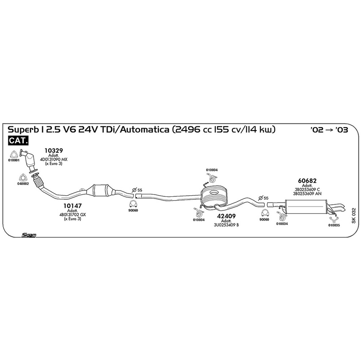 sk032 Marmitta posteriore Skoda Superb I 2.5 V6 24V TDi / Automatica 2496 cc 155 cv 114 kw Cat 2002 -> 2003 (60682) - immagine 1