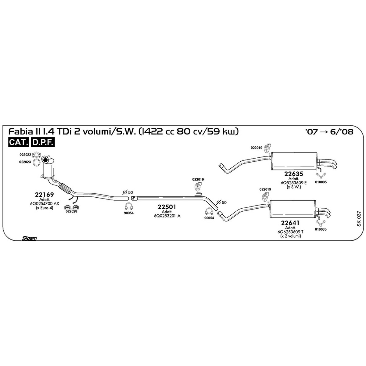 sk037 Tubo intermedio Skoda Fabia II 1.4 TDi 2 volumi / S.W. 1422 cc 80 cv 59 kw Cat DPF 2007 -> 06/08 (22501) - immagine 1