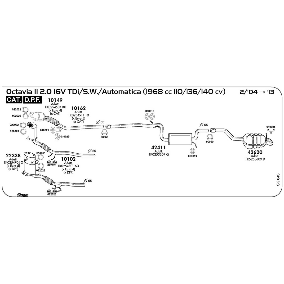 sk043 Marmitta centrale Skoda Octavia II 2.0 16V TDi / S.W. / Automatica 1968 cc 110 / 136 / 140 cv Cat DPF 2004 -> 2013 (42411) - immagine 1