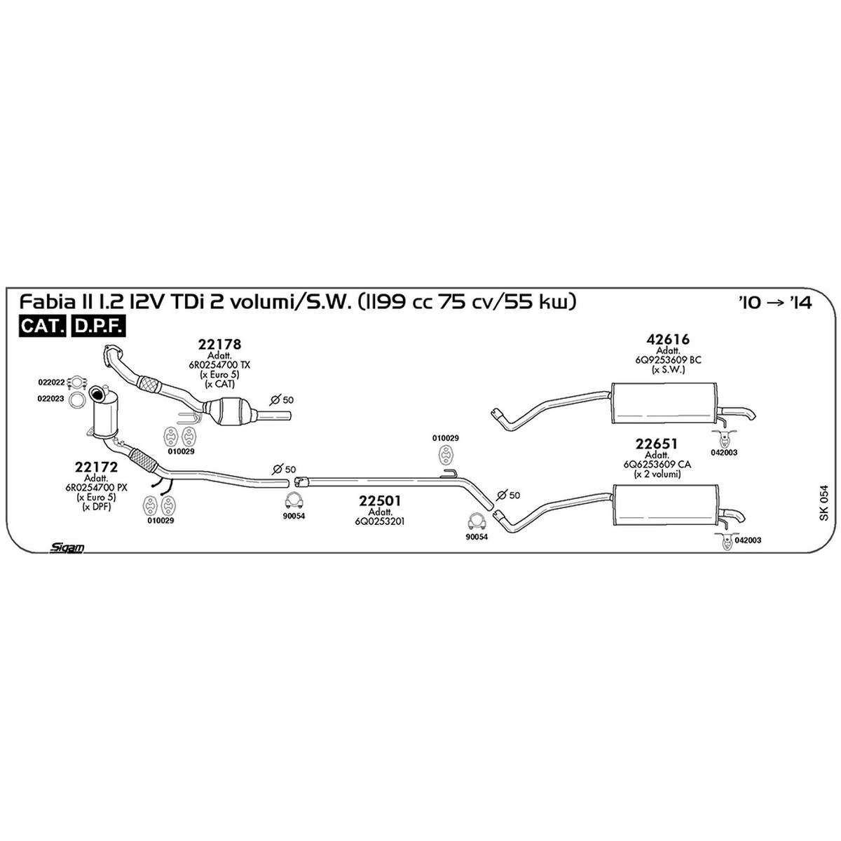 sk054 Tubo intermedio Skoda Fabia II 1.2 12V TDi 2 volumi / S.W. 1199 cc 75 cv 55 kw Cat DPF 2010 -> 2014 (22501) - immagine 1