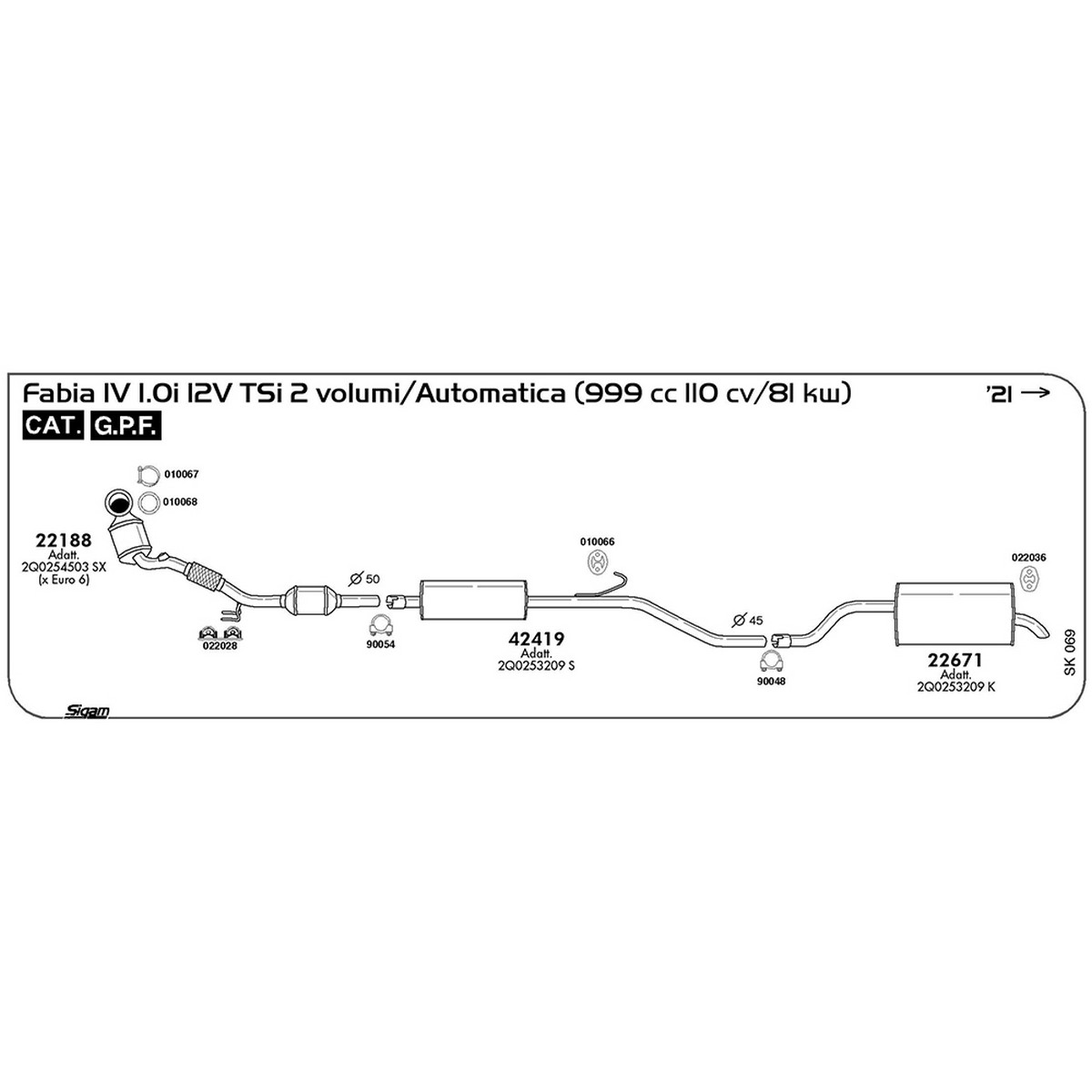 sk069 Marmitta posteriore Skoda Fabia IV 1.0i 12V TSi 2 volumi / Automatica 999 cc 110 cv 81 kw Cat 2021 -> (22671) - immagine 1
