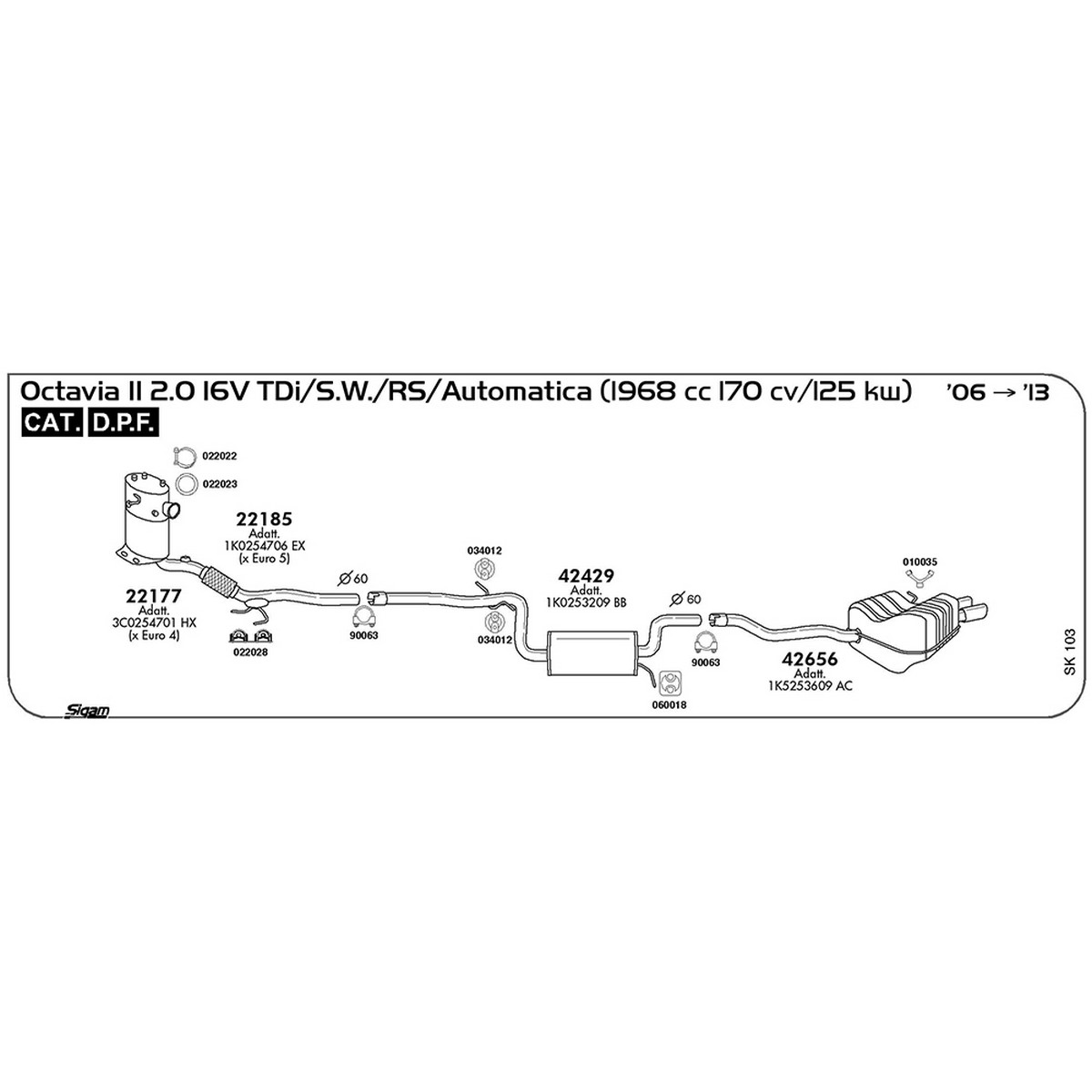 sk103 Marmitta posteriore Skoda Octavia II 2.0 16V TDi / S.W. / RS / Automatica 1968 cc 170 cv 125 kw Cat DPF 2006 -> 2013 (42656) - immagine 1