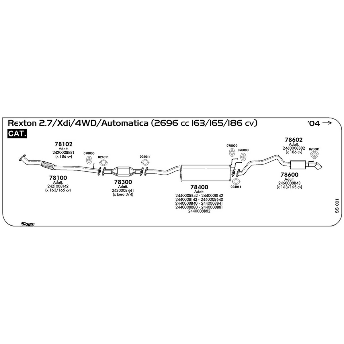 ss001 Marmitta centrale Ssangyong Rexton 2.7 / Xdi / 4WD / Automatica 2696 cc 163 / 165 / 186 cv Cat 2004 -> (78400) - immagine 1
