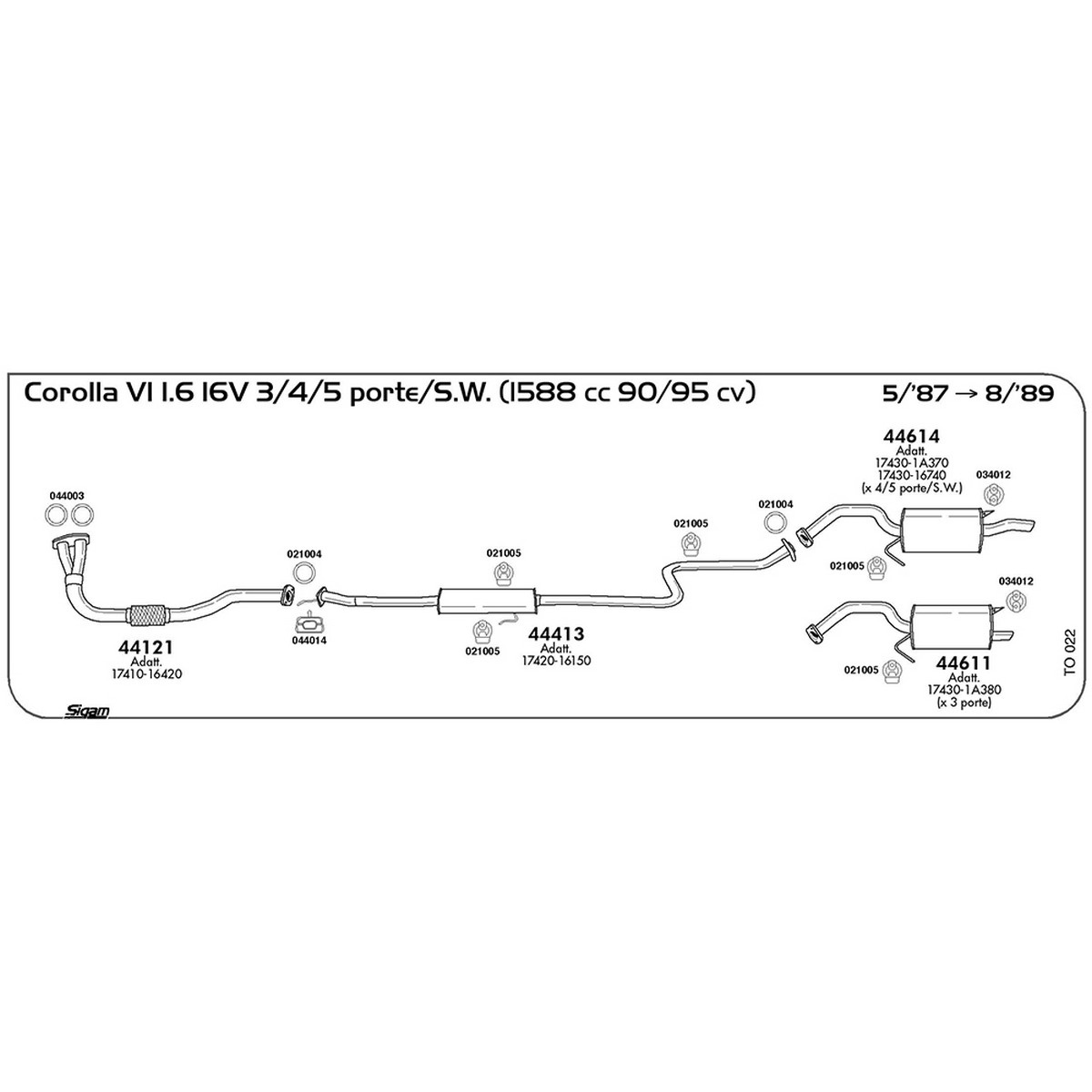 to022 Marmitta centrale Toyota Corolla VI 1.6 16V 3 / 4 / 5 porte / S.W. 1588 cc 90 / 95 cv 05/87 -> 08/89 (44413) - immagine 1