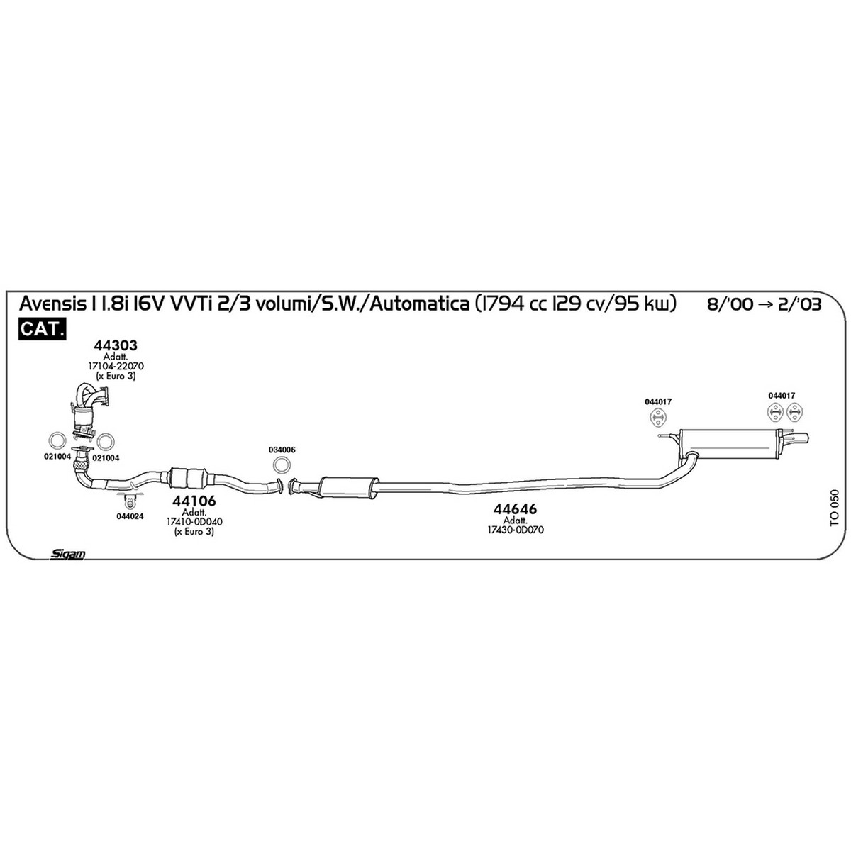 to050 Marmitta posteriore Toyota Avensis I 1.8i 16V VVT-i 2 / 3 volumi / S.W. / Automatica 1794 cc 129 cv 95 kw Cat 08/00 -> 02/03 (44646) - immagine 1
