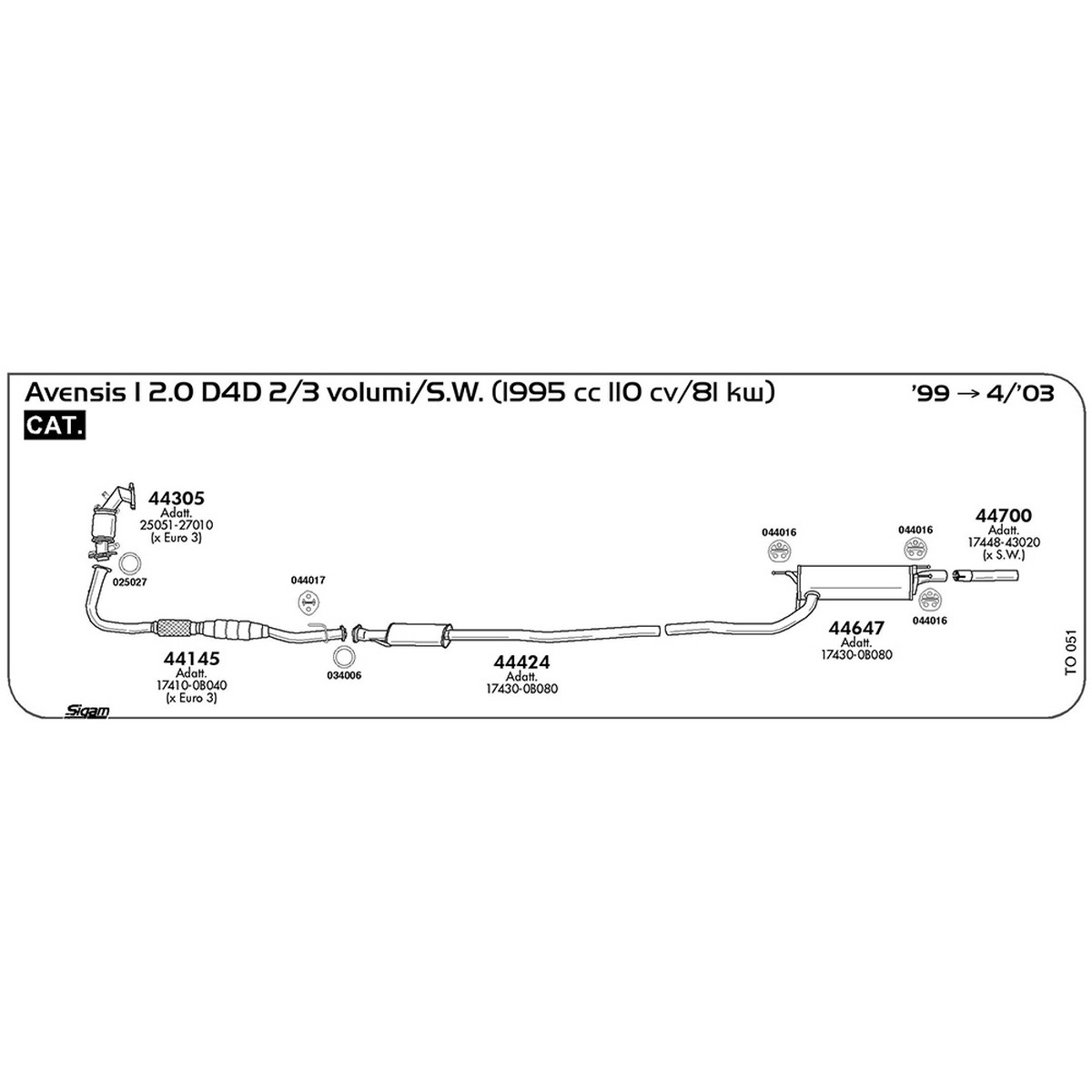 to051 Tubo posteriore Toyota Avensis I 2.0 D4D 2 / 3 volumi / S.W. 1995 cc 110 cv 81 kw Cat 1999 -> 04/03 (44700) - immagine 1