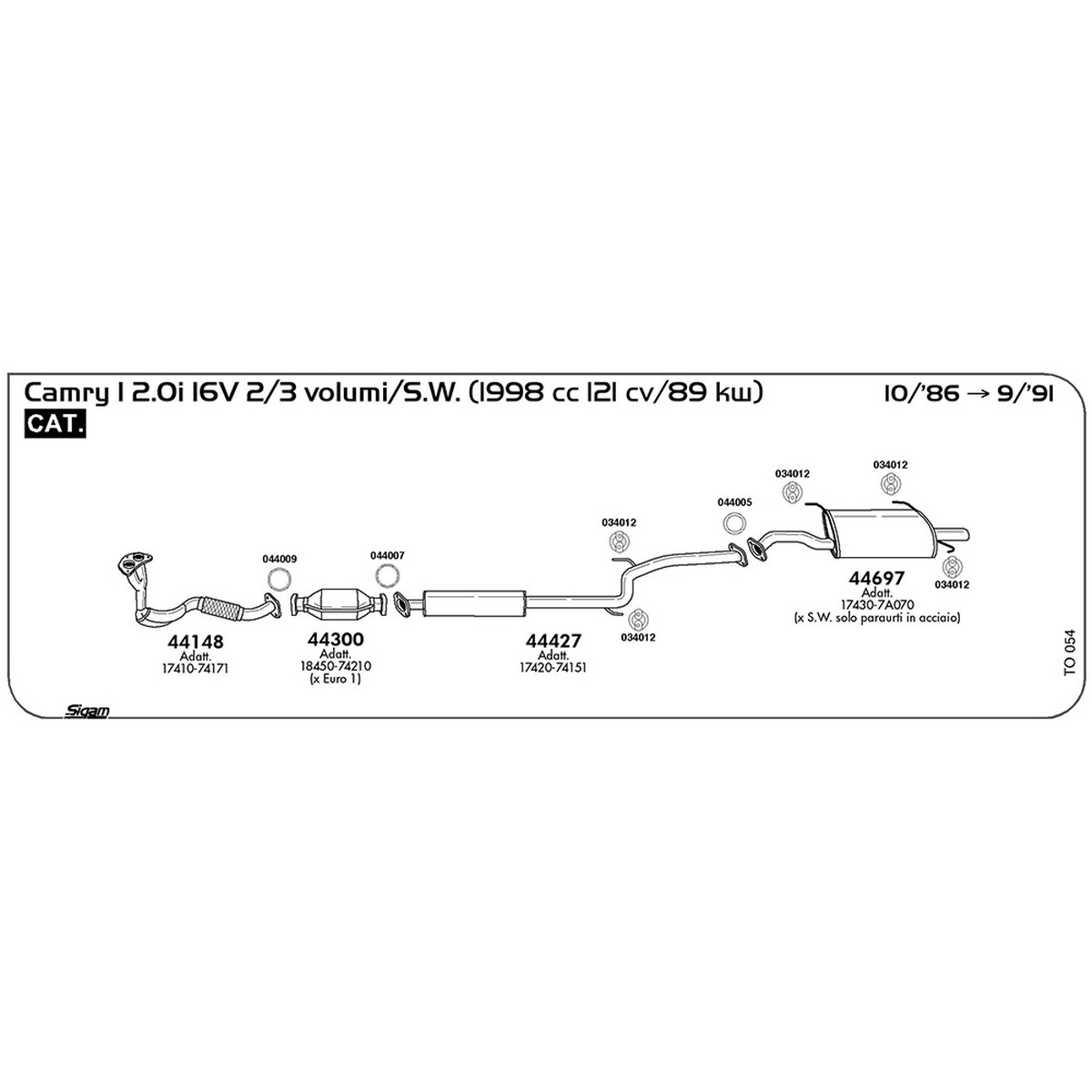 to054 Marmitta centrale Toyota Camry I 2.0i 16V 2 / 3 volumi / S.W. 1998 cc 121 cv 89 kw Cat 10/86 -> 09/91 (44427) - immagine 1