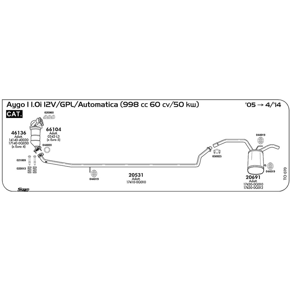 to070 Marmitta posteriore Toyota Aygo I 1.0i 12V / GPL / Automatica 998 cc 68 cv 50 kw Cat 2005 -> 04/14 (20691) - immagine 1