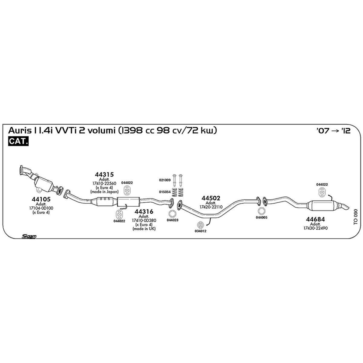 to090 Tubo intermedio Toyota Auris I 1.4 VVT-i 2 volumi 1398 cc 98 cv 72 kw Cat 2007 -> 2012 (44502) - immagine 1