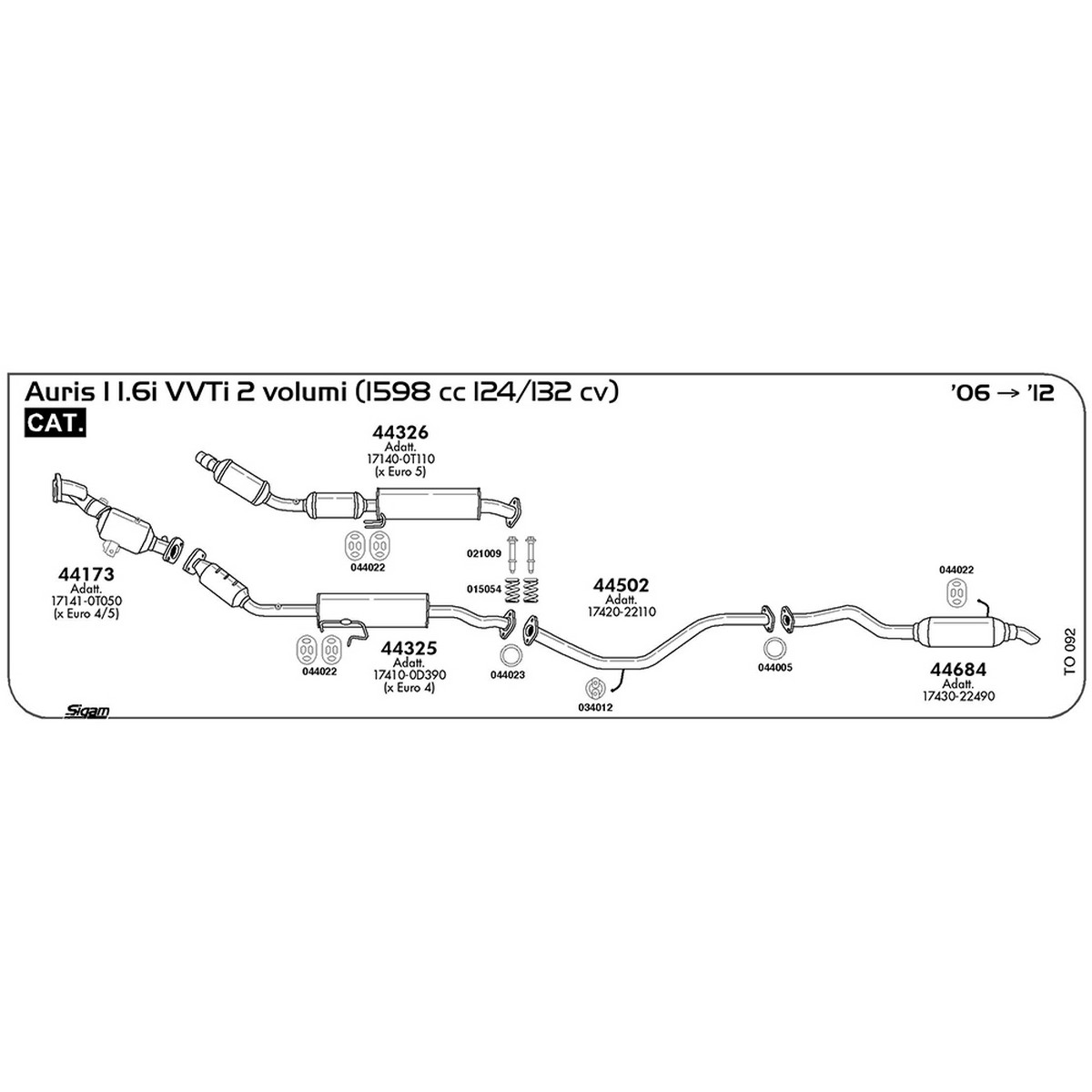 to092 Tubo intermedio Toyota Auris I 1.6 VVT-i 2 volumi 1598 cc 124 / 132 cv Cat 2006 -> 2012 (44502) - immagine 1