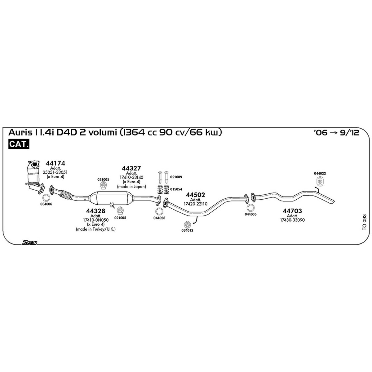 to093 Tubo intermedio Toyota Auris I 1.4 D4D 2 volumi 1364 cc 90 cv 66 kw Cat 2006 -> 09/12 (44502) - immagine 1