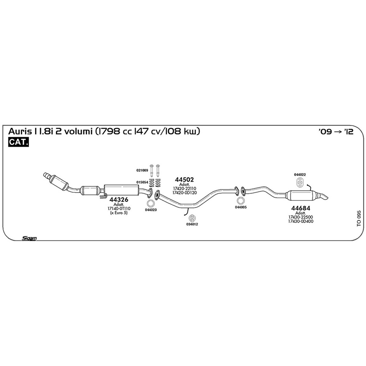 to095 Tubo intermedio Toyota Auris I 1.8i 2 volumi 1798 cc 147 cv 108 kw Cat 2009 -> 2012 (44502) - immagine 1