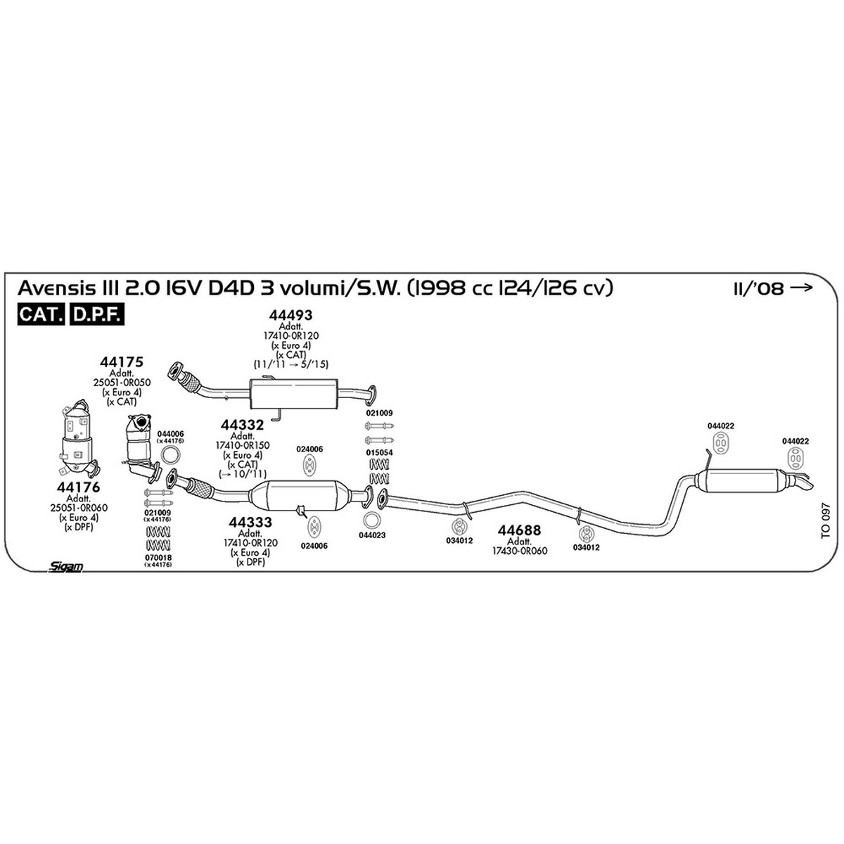 to097 Accessori Toyota Avensis III 2.0 16V D4D 3 volumi / S.W. 1998 cc 124 / 126 cv Cat DPF 11/08 -> (024006) - immagine 1