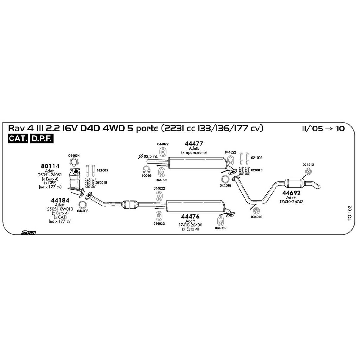 to103 Marmitta centrale Toyota Rav 4 III 2.2 16V D4D 4X4 5 porte 2231 cc 133 / 136 / 177 cv Cat DPF 11/05 -> 2010 (44477) - immagine 1