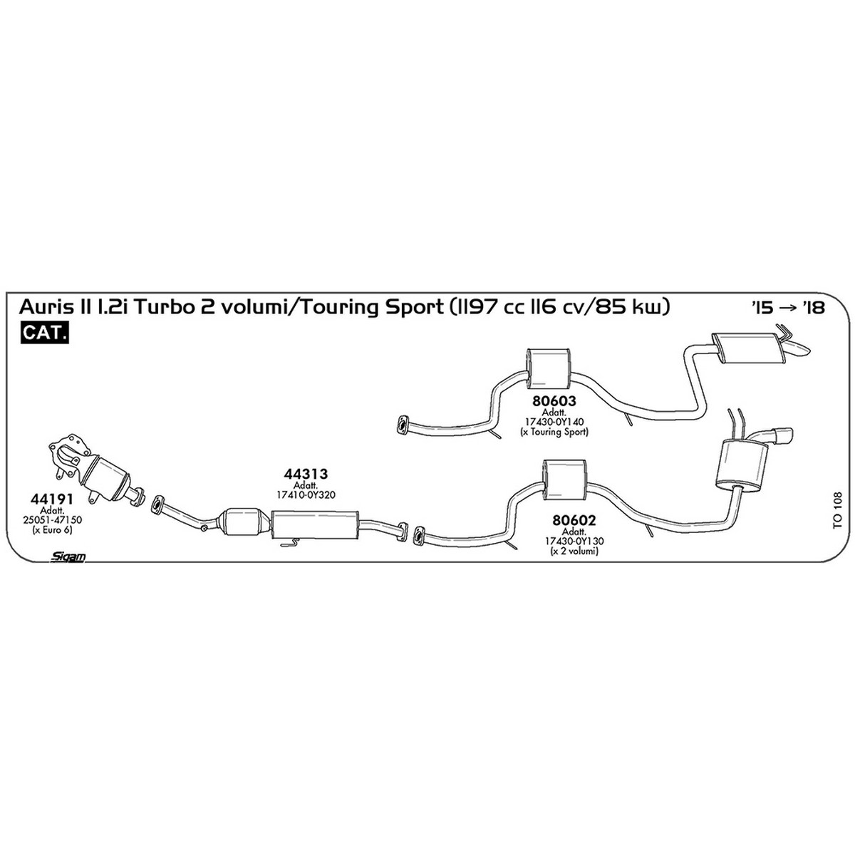 to108 Catalizzatore Toyota Auris II 1.2i Turbo 2 volumi / Touring Sport 1197 cc 116 cv 85 kw Cat 2015 -> 2018 (44313) - immagine 1
