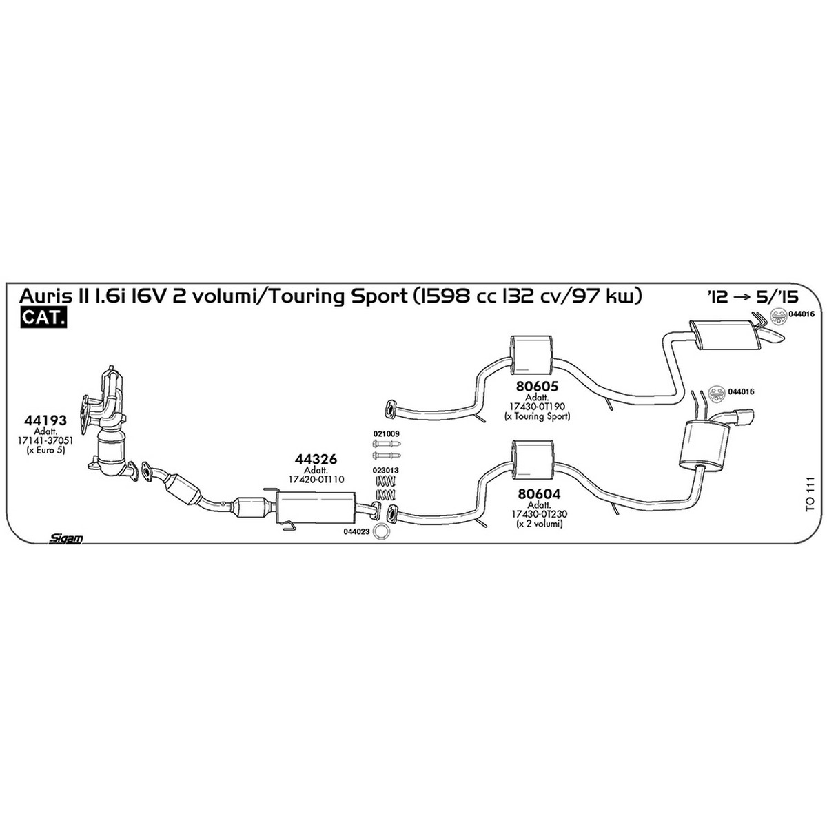 to111 Accessori Toyota Auris II 1.6i 16V 2 volumi / Touring Sport 1598 cc 132 cv 97 kw Cat 2012 -> 05/15 (034012) - immagine 1