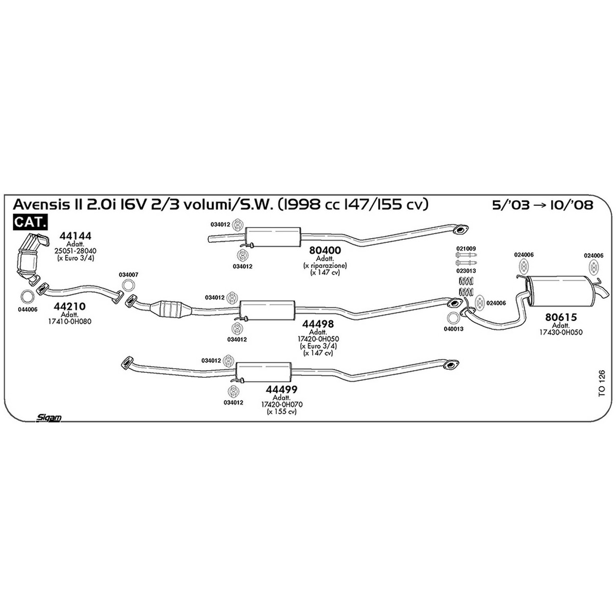 to126 Tubo anteriore Toyota Avensis II 2.0i 16V 2 / 3 volumi / S.W. 1998 cc 147 / 155 cv Cat 05/03 -> 10/08 (44210) - immagine 1