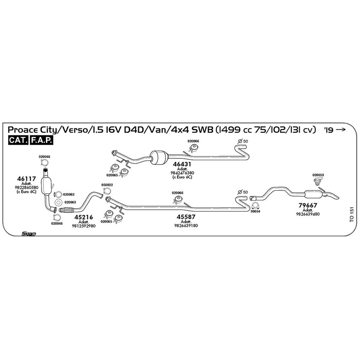 to151 Tubo anteriore Toyota Proace City 1.5 16V D4D Van SWB / 4X4 1499 cc 75 / 102 / 131 cv Cat FAP 2019 -> (45216) - immagine 1
