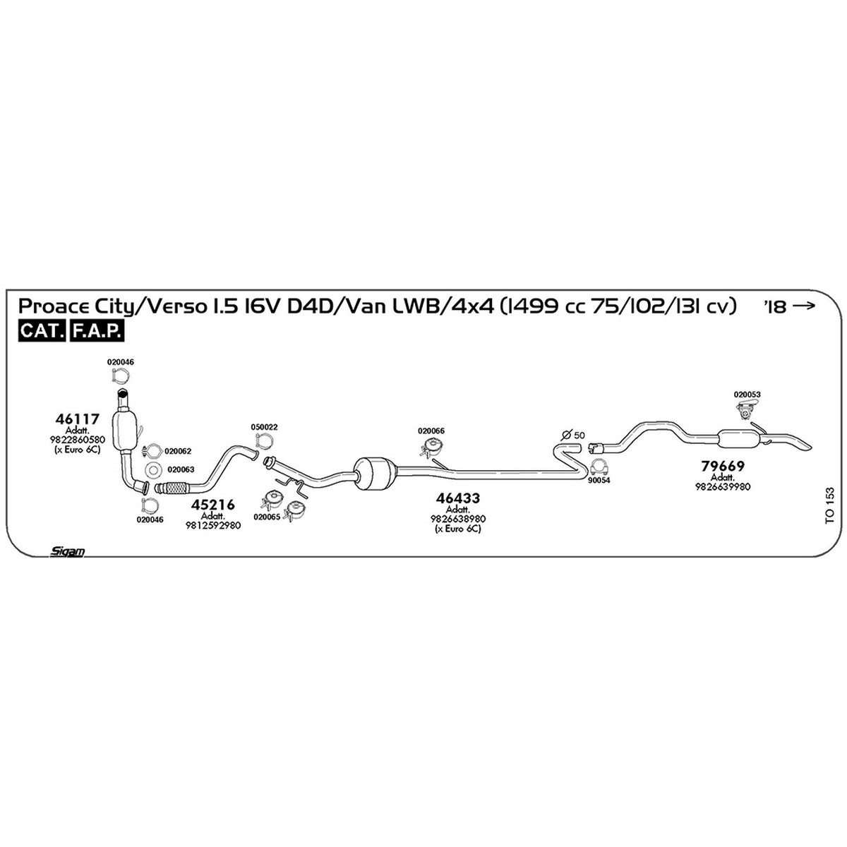 to153 Tubo anteriore Toyota Proace City 1.5 16V D4D Van LWB / 4X4 1499 cc 75 / 102 / 131 cv Cat FAP 2019 -> (45216) - immagine 1