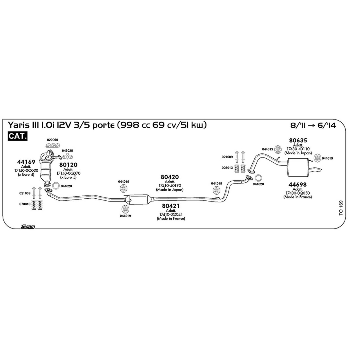 to169 Marmitta centrale Toyota Yaris III 1.0i 12V 3 / 5 porte 998 cc 69 cv 51 kw Cat 08/11 -> 06/14 (80421) - immagine 1