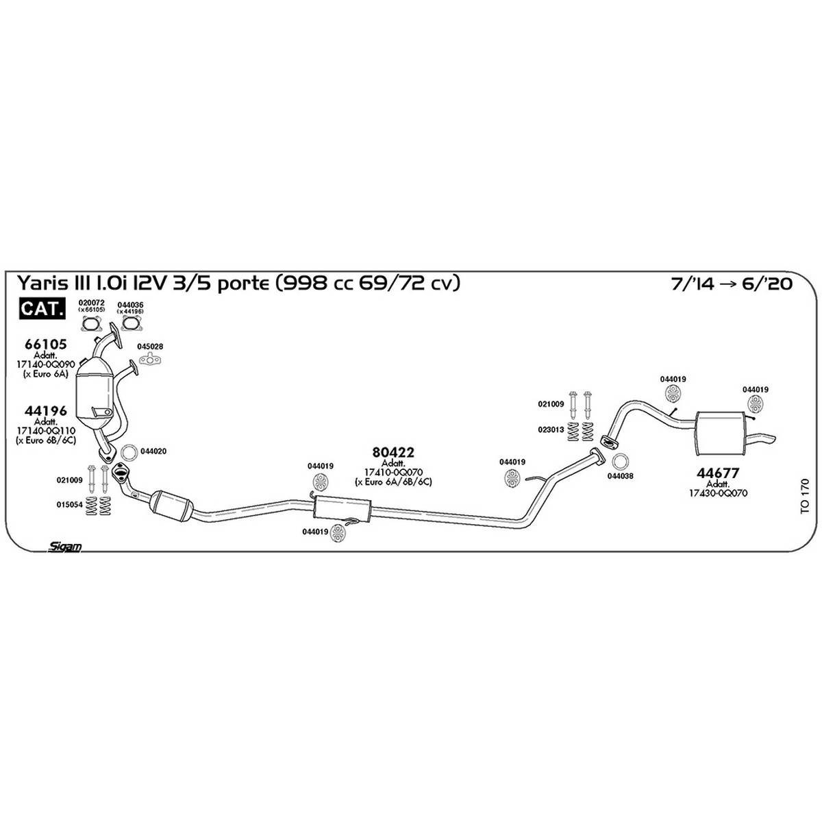 to170 Marmitta posteriore Toyota Yaris III 1.0i 12V 3 / 5 porte 998 cc 69 / 72 cv Cat 07/14 -> 06/20 (44677) - immagine 1
