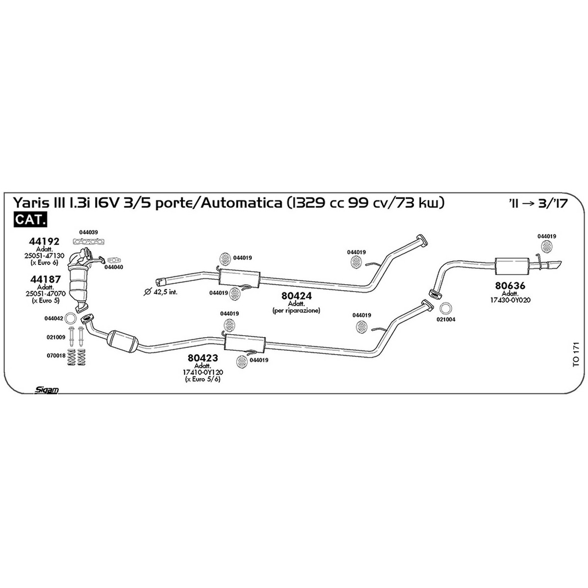 to171 Marmitta centrale Toyota Yaris III 1.3i 16V 3 / 5 porte / Automatica 1329 cc 99 cv / 73 kw Cat 2011 -> 03/17 (80424) - immagine 1