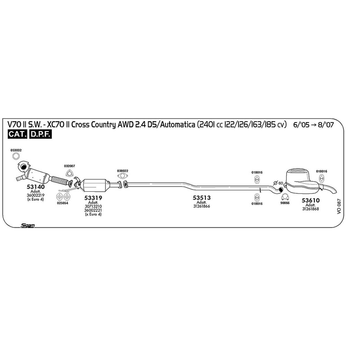 vo087 DPF Volvo V70 II 2.4 D5 AWD S.W. / Automatica 2401 cc 122 / 126 / 163 / 185 cv Cat DPF 06/05 -> 08/07 (53319) - immagine 1