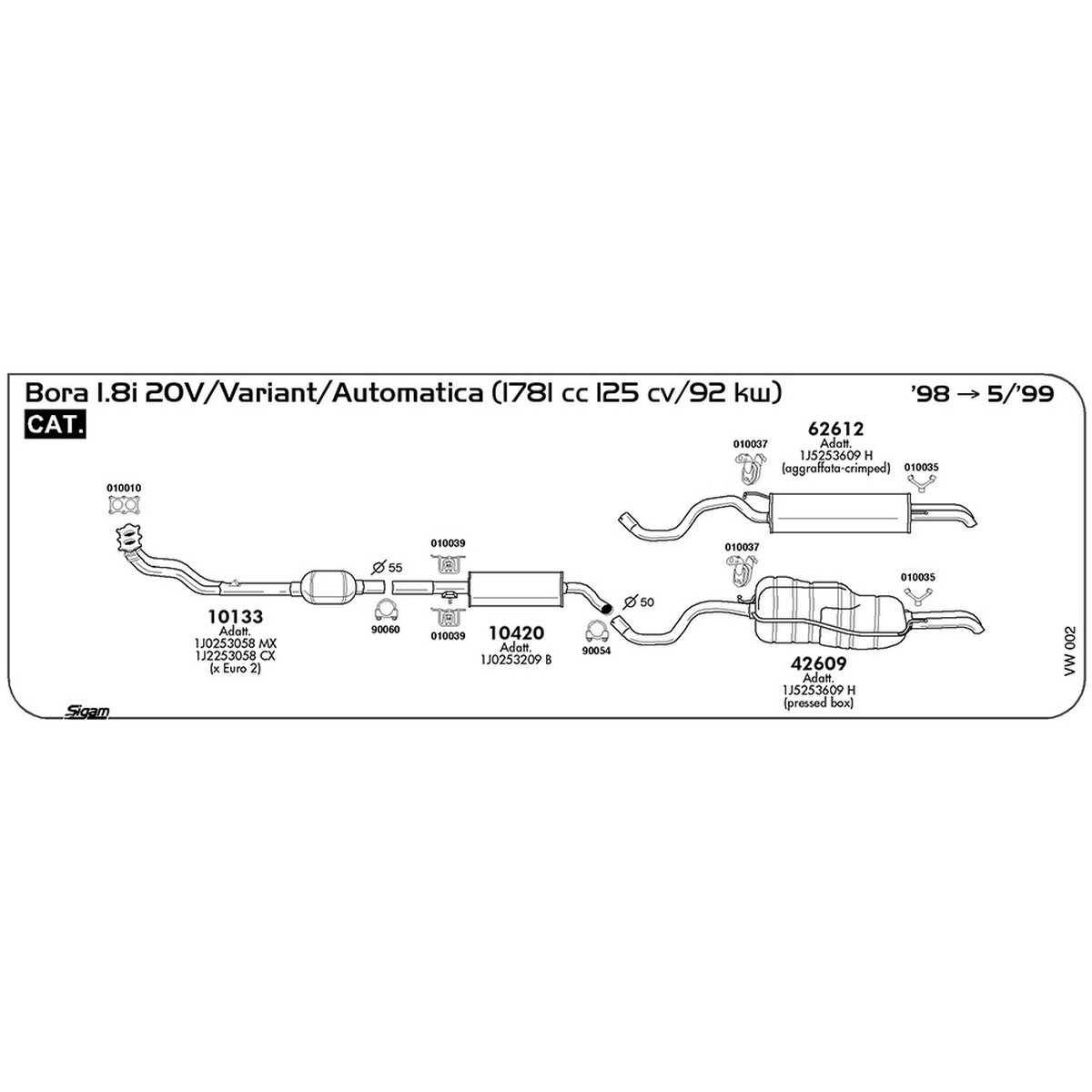 vw002 Marmitta centrale Volkswagen Bora 1.8i 20V / Variant / Automatica 1781 cc 125 cv 92 kw Cat 1998 -> 05/99 (10420) - immagine 1