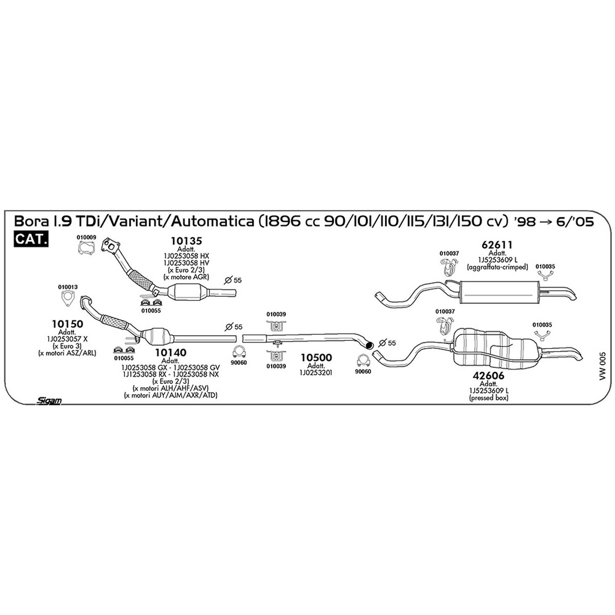 vw005 Tubo intermedio Volkswagen Bora 1.9 TDi / Variant / Automatica 1896 cc 90 / 101 / 110 / 115 / 131 / 150 cv Cat 1998 -> 06/05 (10500) - immagine 1