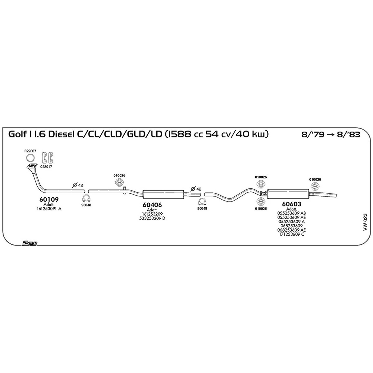 vw023 Marmitta centrale Volkswagen Golf I 1.6 Diesel C / CL / CLD / GLD / LD 1588 cc 54 cv 40 kw 08/79 -> 08/83 (60406) - immagine 1