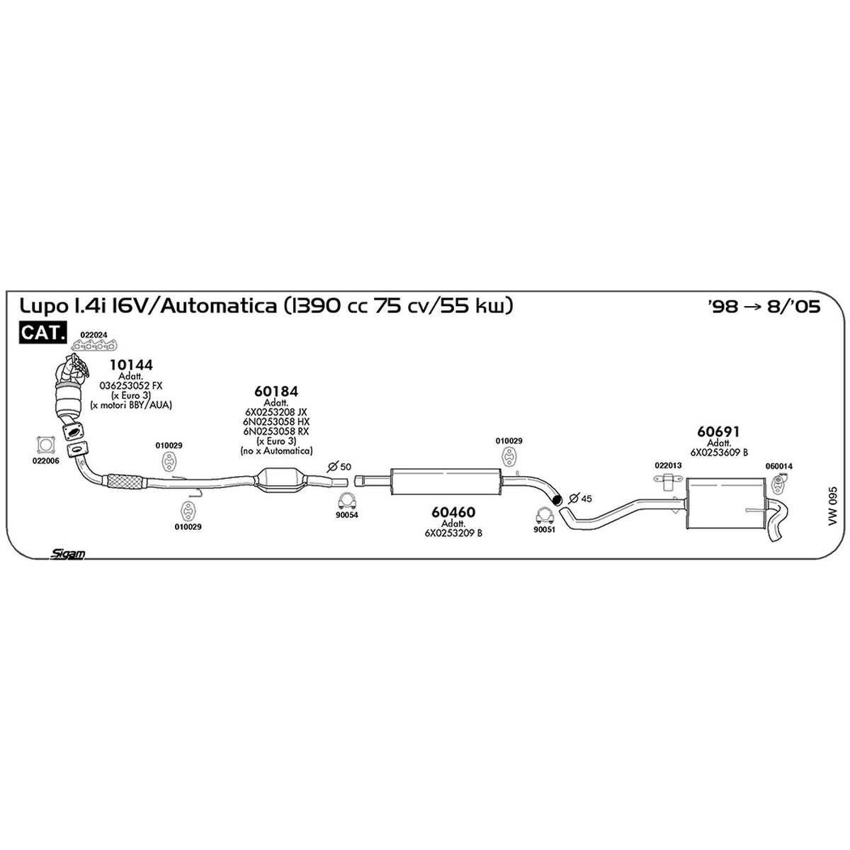 vw095 Marmitta posteriore Volkswagen Lupo 1.4i 16V / Automatica 1390 cc 75 cv 55 kw Cat 1998 -> 08/05 (60691) - immagine 1