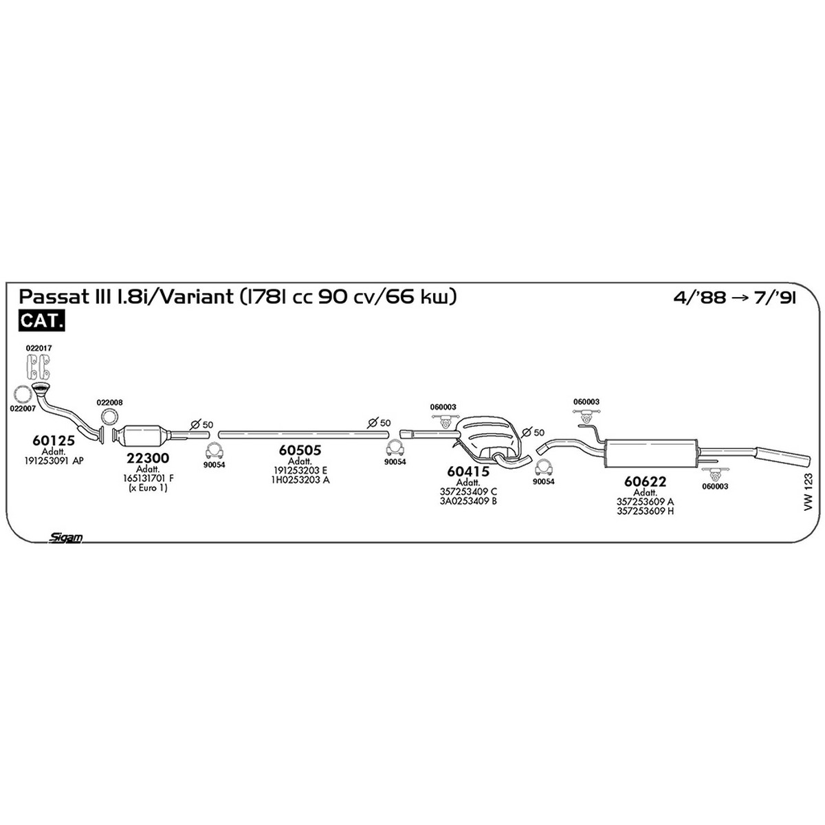vw123 Tubo al collettore Volkswagen Passat III 1.8i / Variant 1781 cc 90 cv 66 kw Cat 04/88 -> 07/91 (60125) - immagine 1