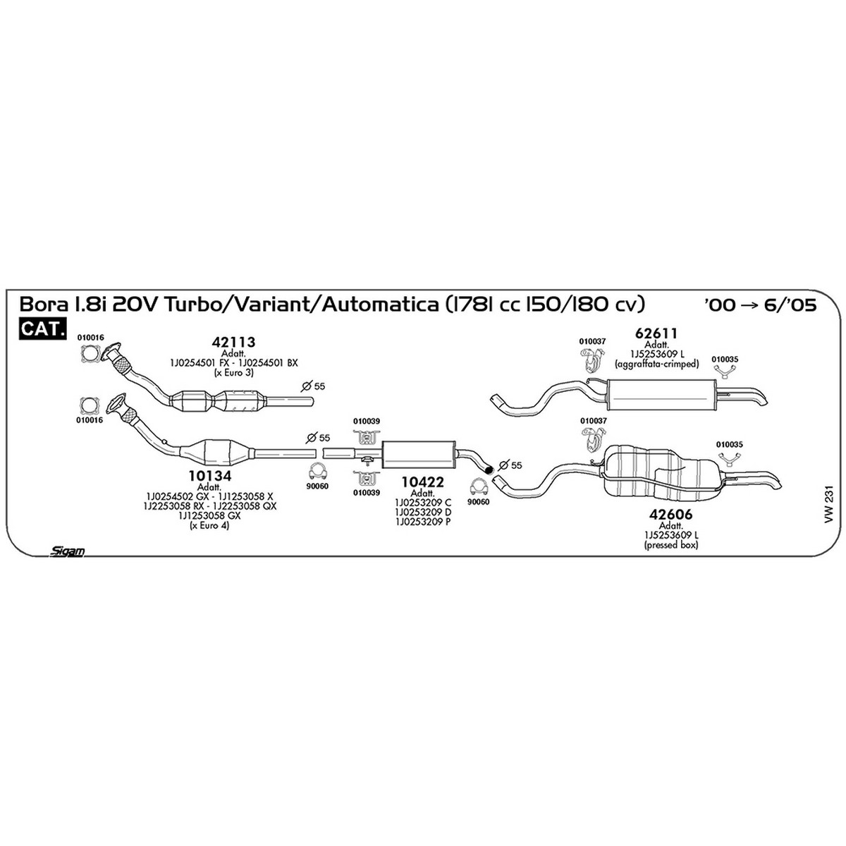 vw231 Marmitta centrale Volkswagen Bora 1.8i 20V Turbo / Variant / Automatica 1781 cc 150 / 180 cv Cat 2000 -> 06/05 (10422) - immagine 1